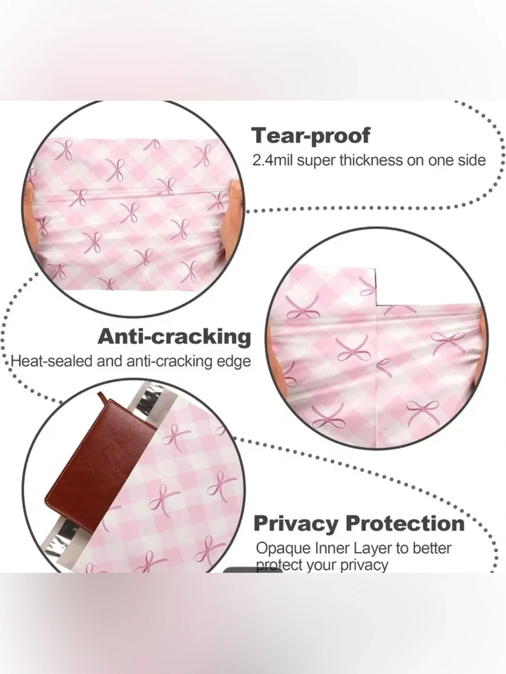 Lg Poly Mailers Pink Gingham & Bows with coordinating Thank you Cards & Stickers